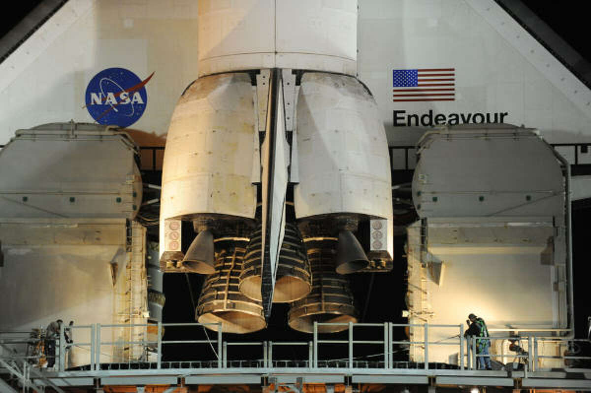 The space shuttle Endeavour is seen in the early morning hours of April 29, 2011 at Kennedy Space Center in Florida as preparations are under way for an April 29 launch of Endeabour which will be its last flight.