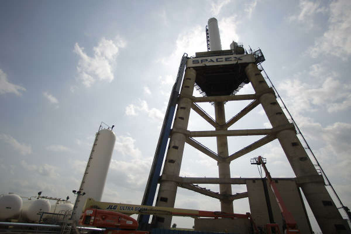 A SpaceX rocket sits on top of the testing tripod on the site of a former World War II bomb factory near the Central Texas town of McGregor, just west of Waco.
