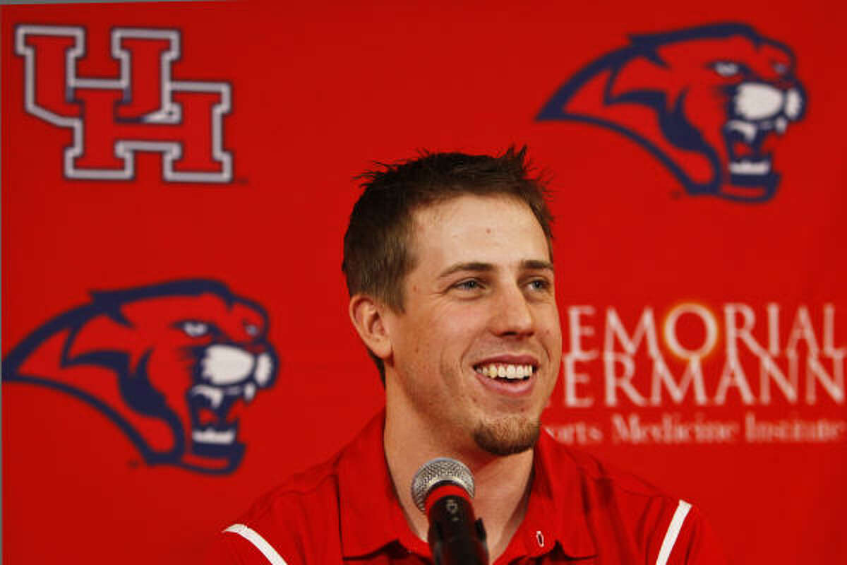 UH quarterback Case Keenum smiles at a news conference Friday after the NCAA announced that it granted him a sixth year of eligibility based on medical hardship.