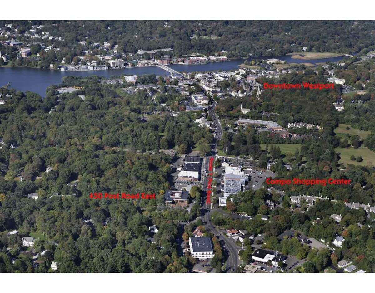 450 Post Road East is shown on the left in this aerial photo of Westport. The building, which has 35,292 square feet, was sold to Baywater Properties for $5.4 million.