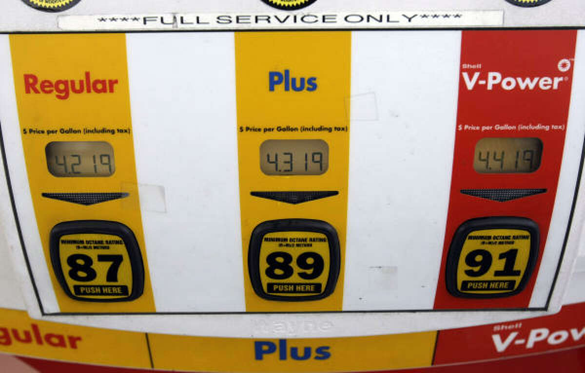 Gasoline prices in Houston are sky-high, it's true. But the prices on these Shell pumps in Menlo Park, Calif., are already well on their way to the moon.