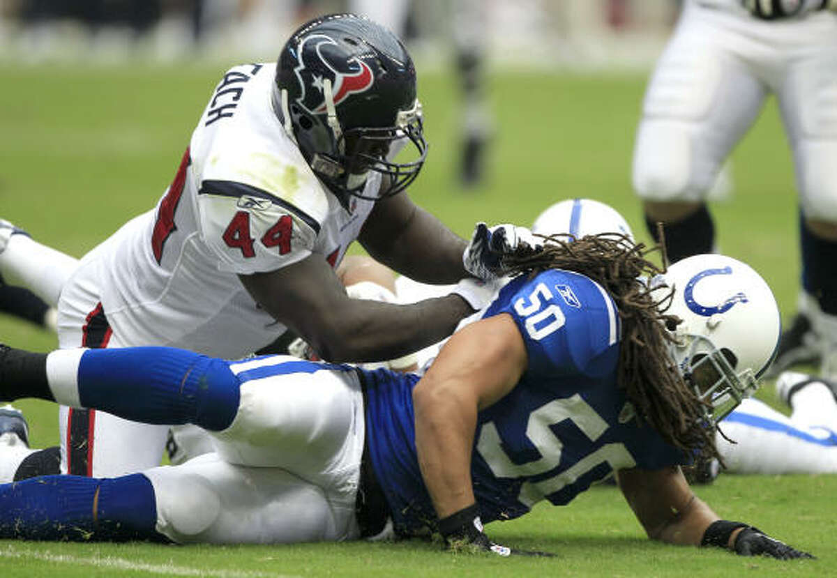 Texans fullback Vonta Leach blasts Colts linebacker Philip Wheeler. Leach's stellar blocking paved the way to an All-Pro year for running back Arian Foster and himself.