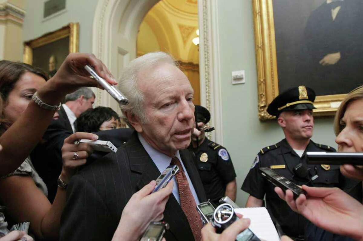 Sen. Joseph Lieberman, I-Conn., arrives at the Senate on Capitol hill in Washington, Monday, Aug. 1, 2011, as debt talks continued. (AP Photo/J. Scott Applewhite)