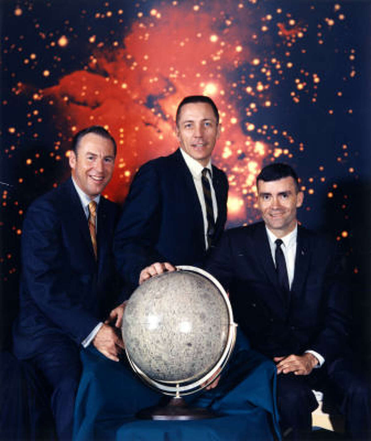 Apollo 13's ﻿James A. Lovell Jr., commander, left; John L. Swigert Jr., command module pilot; and Fred W. Haise Jr., lunar module pilot, before the 1970 mission.﻿