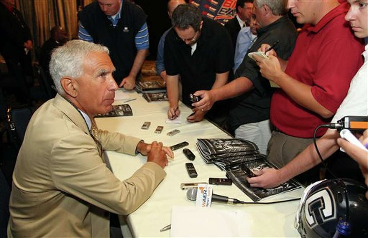 Connecticut head football coach Paul Pasqualoni speaks to the media during the Big East football media day Tuesday, Aug. 2, 2011, in Newport, R.I.. (AP Photo/Stew Milne)
