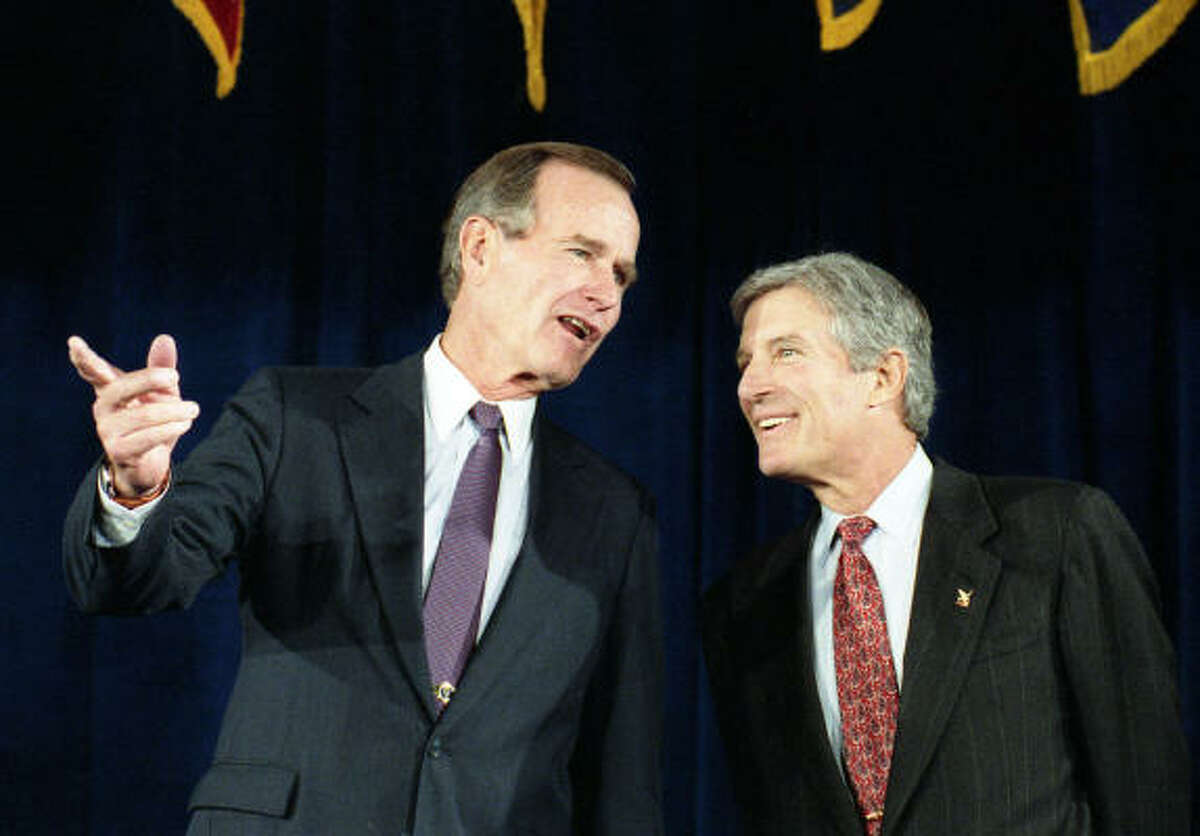 Robert Mosbacher, shown with then-President George H.W. Bush in 1989, managed the national fundraising operations for five Republican presidential campaigns, starting with Gerald Ford's and ending with Sen. John McCain's.