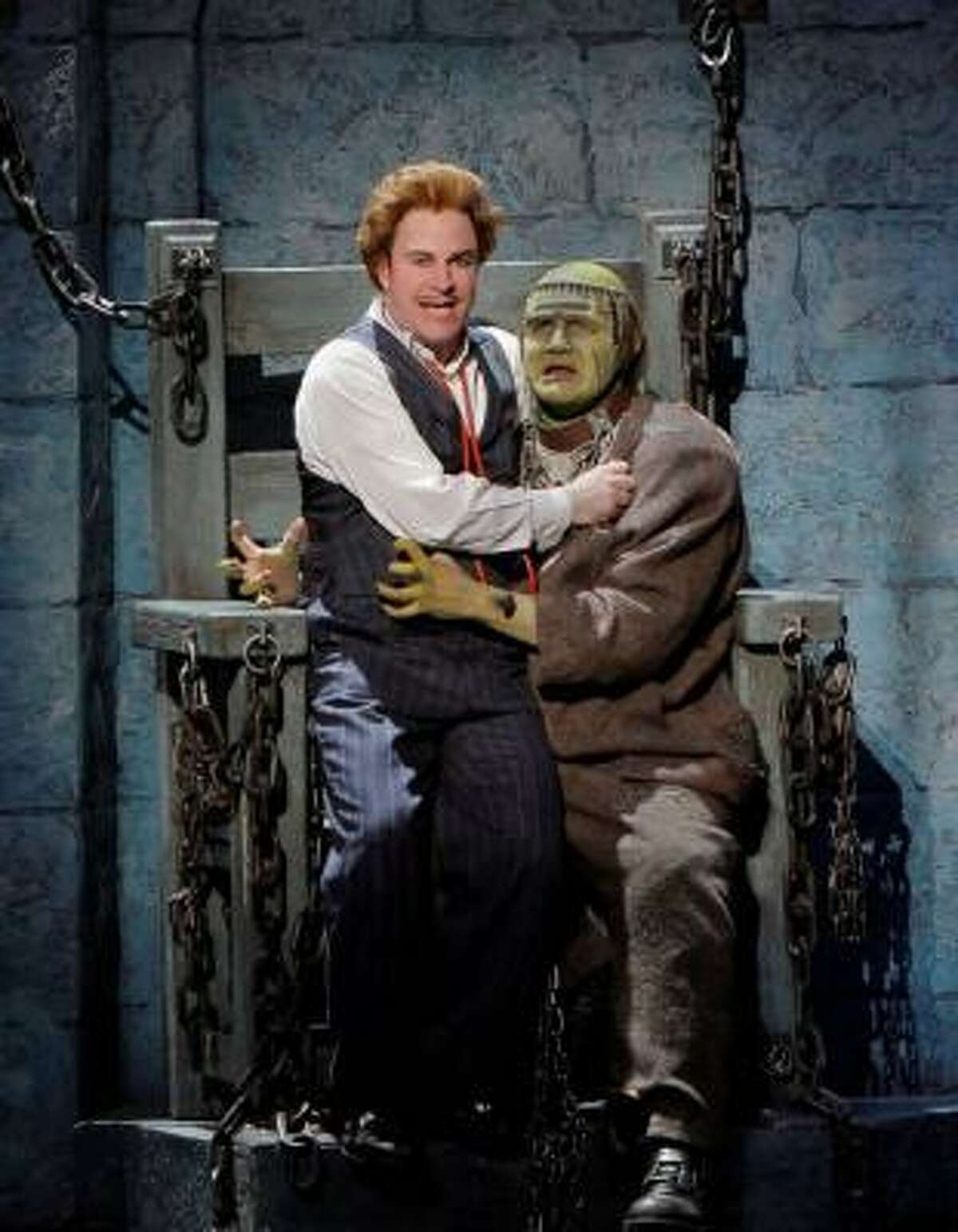 Roger Bart stars as Frederick Frankenstein and Rye Mullis as The Monster in "Young Frankenstein" playing this month at the Hobby Center in Houston.