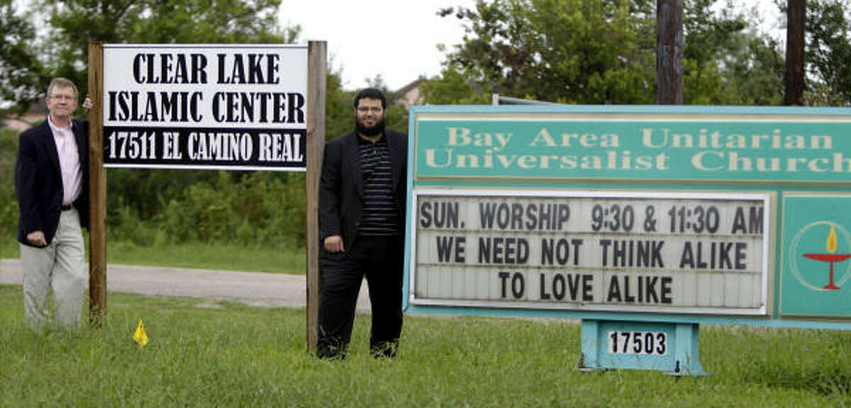 Samuel Schaal, minister of the Bay Area Unitarian Universalist Church, left, and Waleed Basyouni, the imam of the Clear Lake Islamic Center, share a spirit of understanding as well as land.