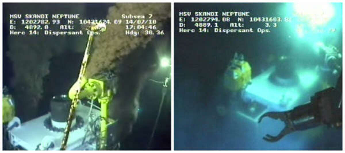 In the image at left, taken Wednesday, oil gushes from two of three valves on the new 75-ton containment cap﻿. The image at right shows the flow of oil finally choked off Thursday. BP closed the last line on the cap at 2:25 p.m.