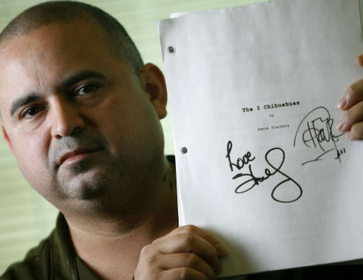 Comic Tommy Chong and his wife autographed this copy of Zenon Yracheta's script, The 3 Chihuahuas, which Yracheta says the Walt Disney Co. turned into a screenplay for its animated feature Beverly Hills Chihuahua. The Katy man is now suing the studio.