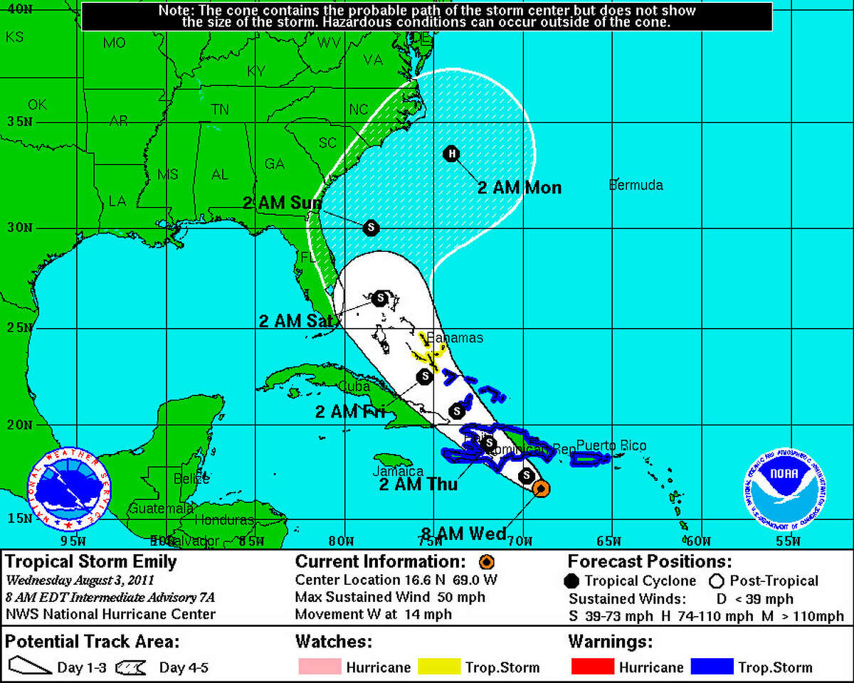 Tropical Storm Emily remains disorganized over Atlantic