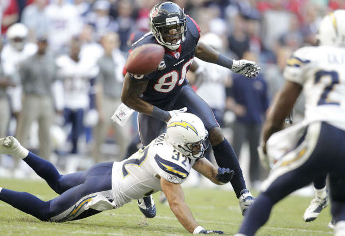 Nov. 7: Chargers 29, Texans 23 Texans wide receiver Andre Johnson (80) watches as a ball intended for him ends up being intercepted by San Diego's Paul Oliver with less than two minutes left in the fourth quarter. The interception killed the Texans' bid for a come-from-behind win.