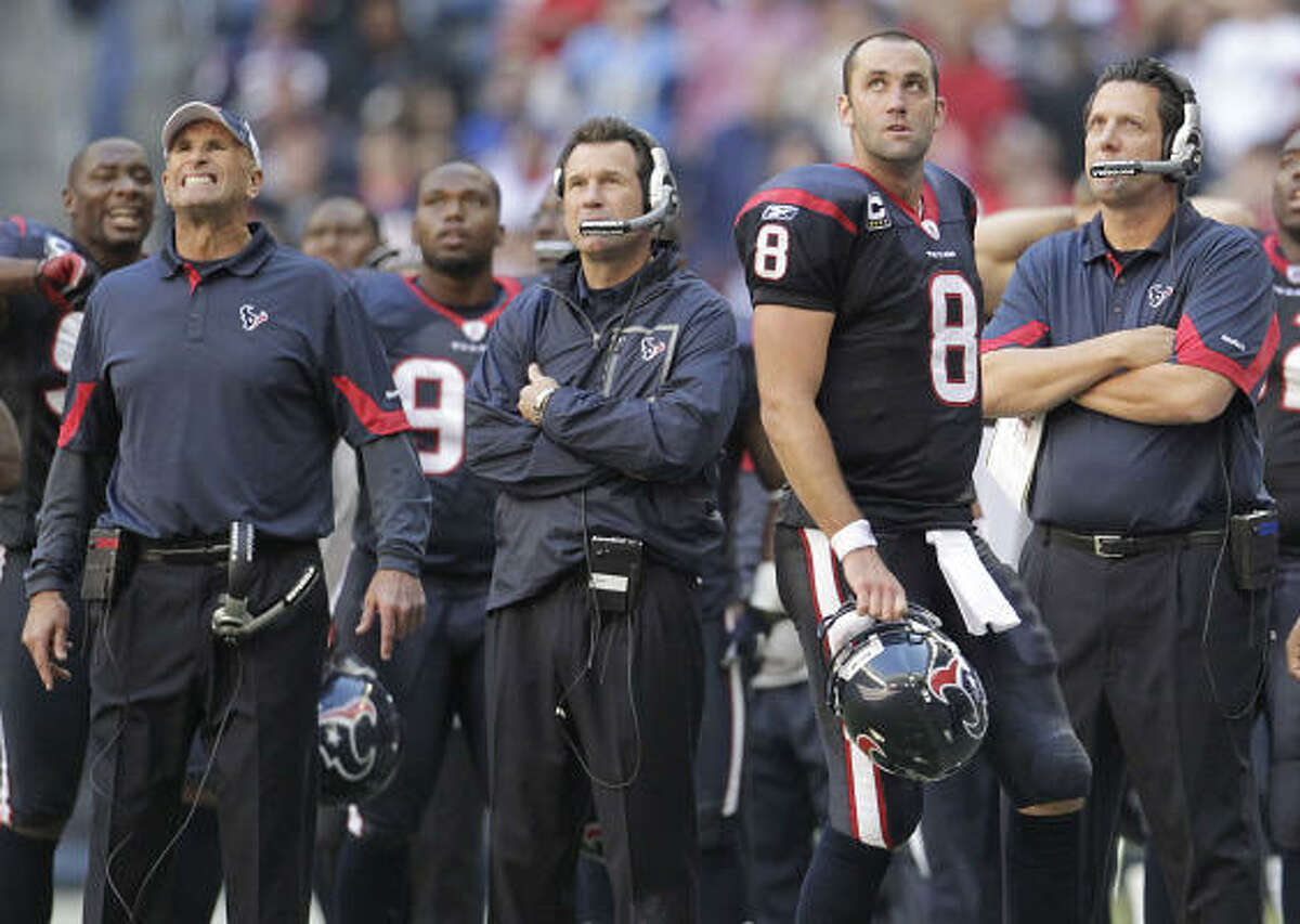 Quarterback Matt Schaub (8) and the Texans had long looks on their faces near the end of Sunday's game.