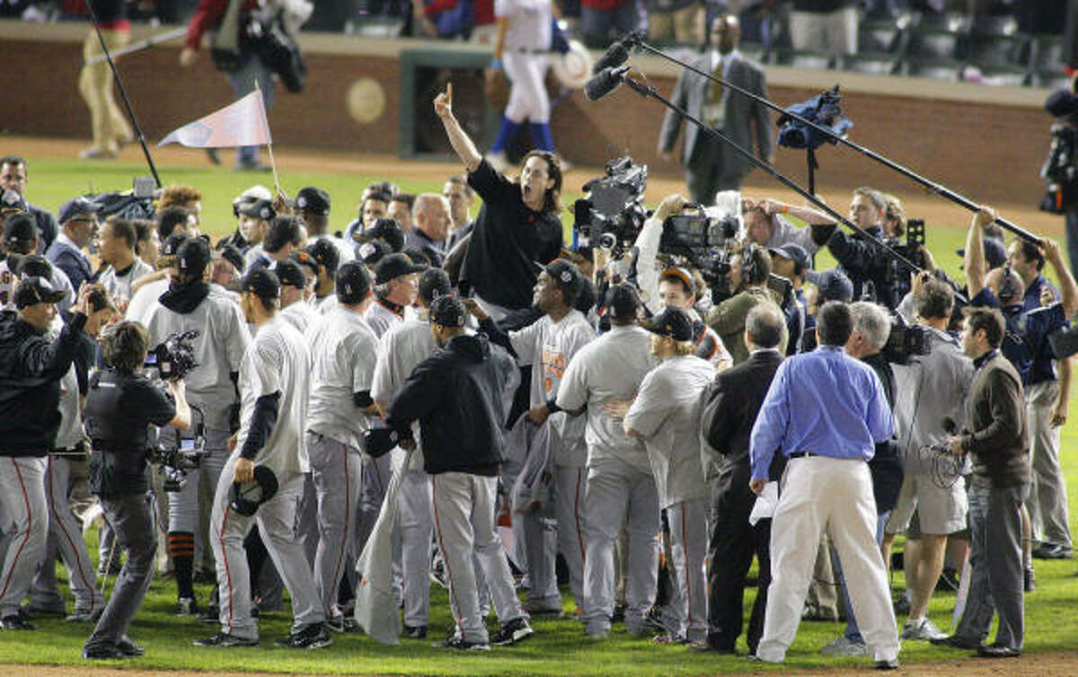 World Series Game 5: Giants 3, Rangers 1 (Giants win series, 4-1) Giants players rejoice after winning the 2010 World Series.