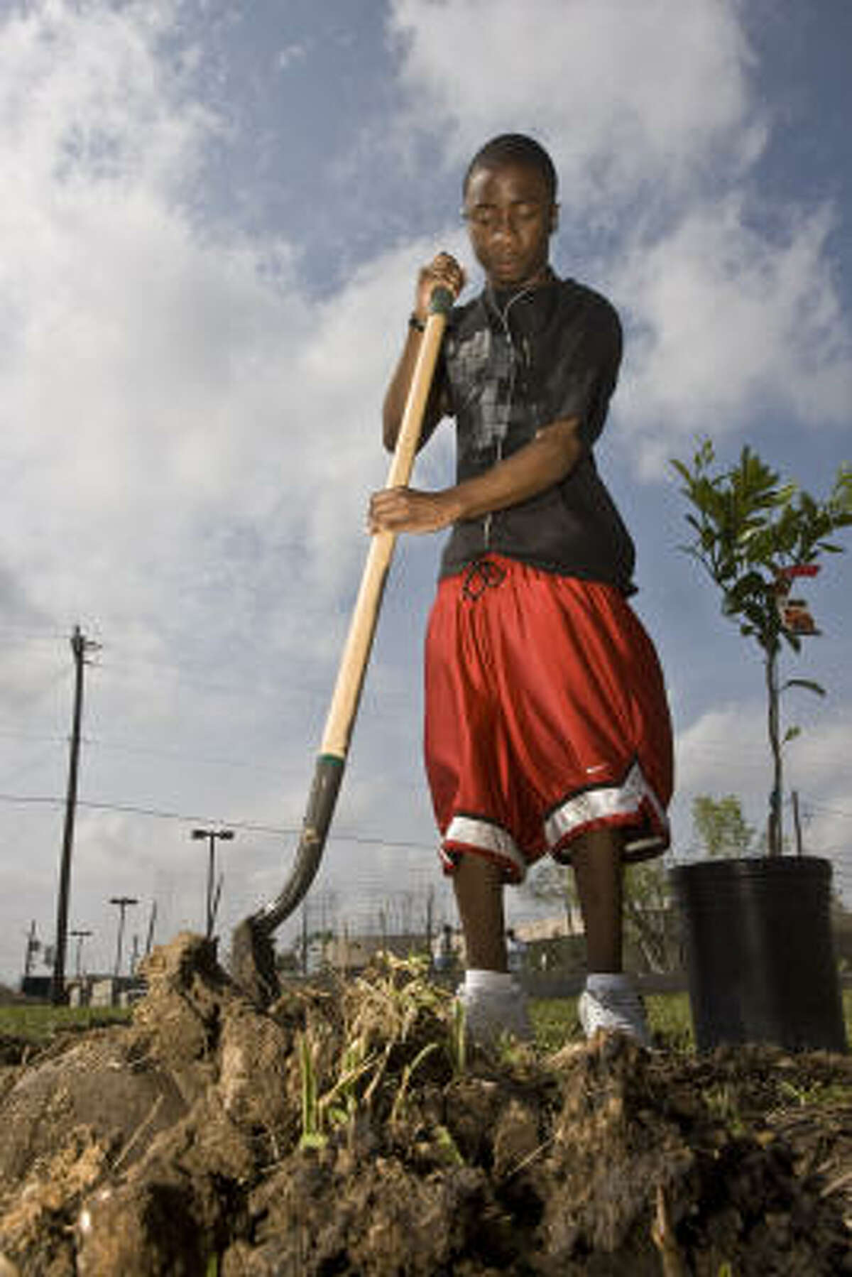 Henry Guzman, 17, helps in the new community garden at Houston's Sunnyside Multi-Service Center.