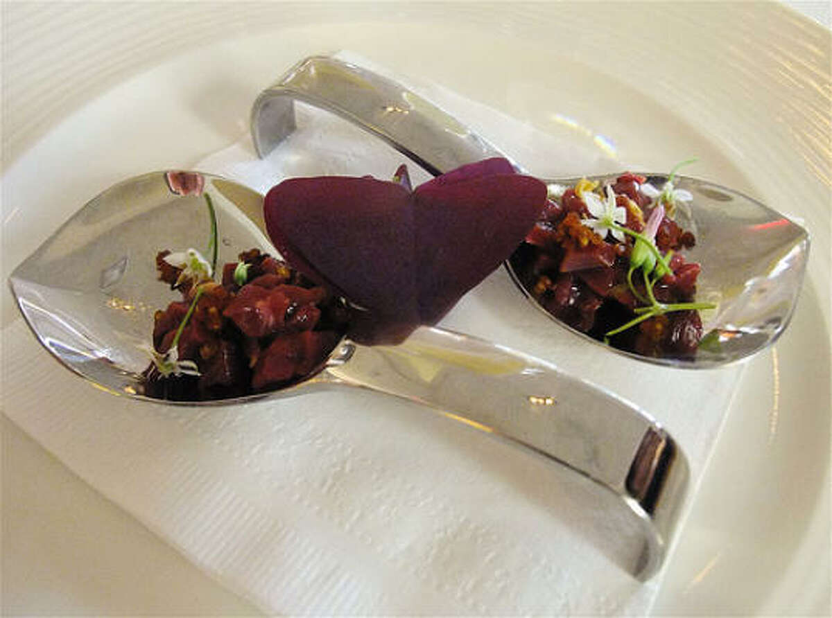 Randy Rucker's raw course of venison-heart tartare with toasted millet and wood sorrel, Summer Repast tasting collaboration at Chez Roux.