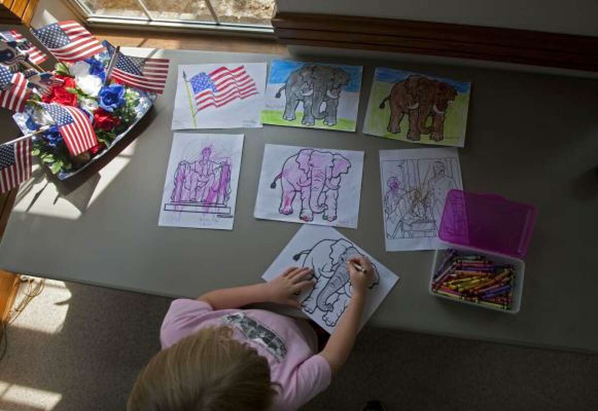 Dorothy Byerly, 7, colors a picture of an elephant while waiting for her aunt at the Republican Party headquarters in Sugar Land. Traditionally, Fort Bend County was known as a Democratic county. The Jaybird-Woodpecker War in 1889 gave the Democrats control of the county. This held true until 1976 when growth and conservative ideals led to the election of Congressman Ron Paul from Lake Jackson. Today, the growth of the county and its demographics continue to change, making some wonder how much longer the Republicans will control Fort Bend County.