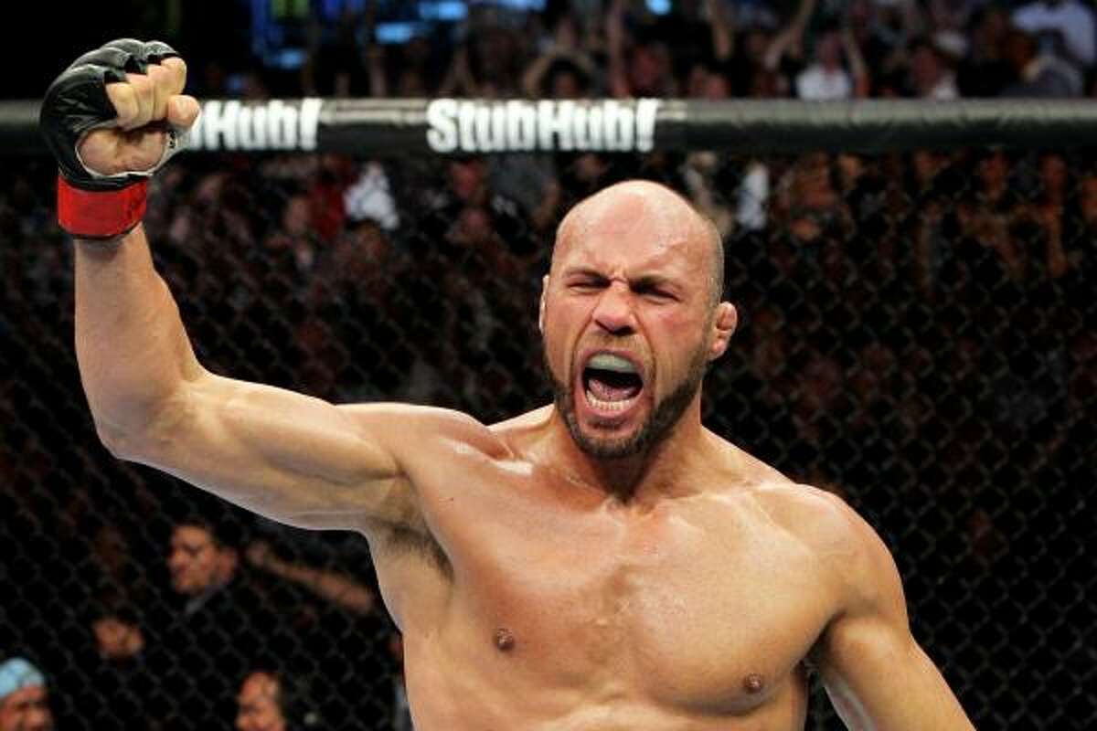 Randy Couture reacts after submitting James Toney in the first round.