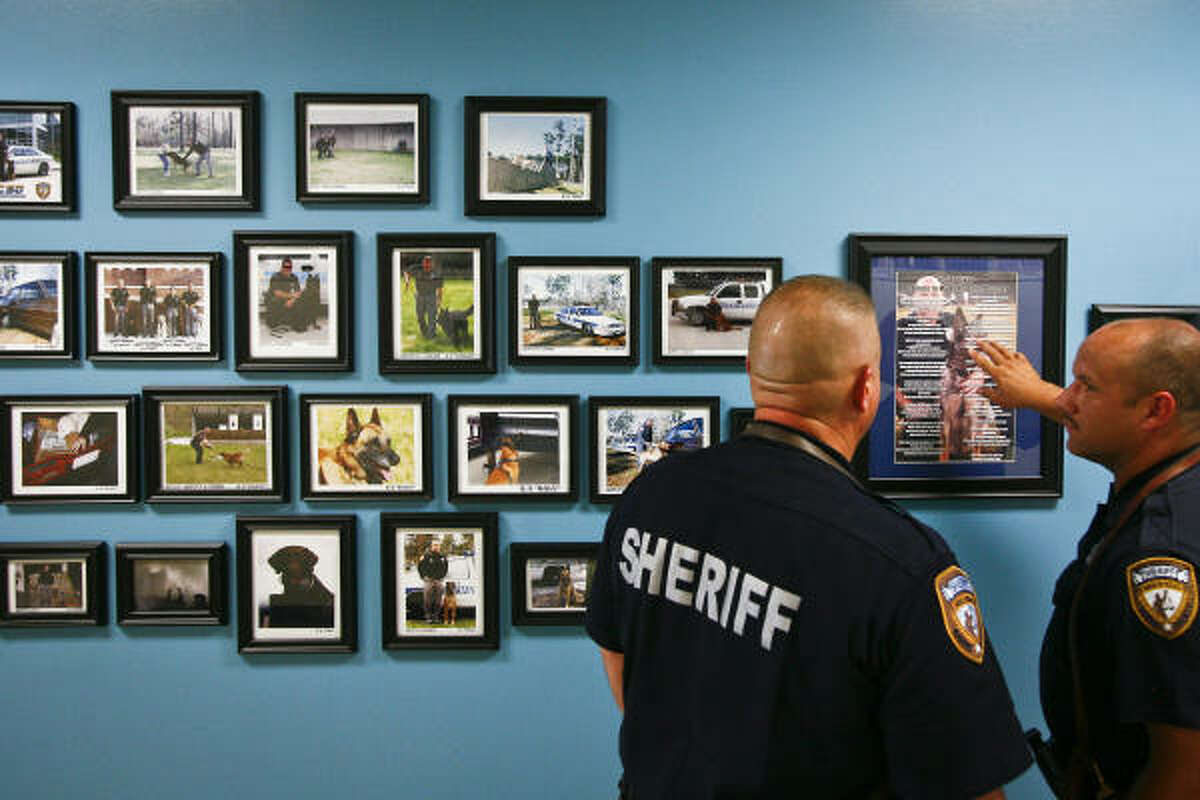John Walker and Larry Graves look at the Wall of Honor at the Harris County Sheriff's Office Academy with name of 24 dogs that have honorably retired or died after serving and protecting deputies and the citizens of Harris County during a K-9 recognition ceremony with Sheriff Adrian Garcia in Humble.