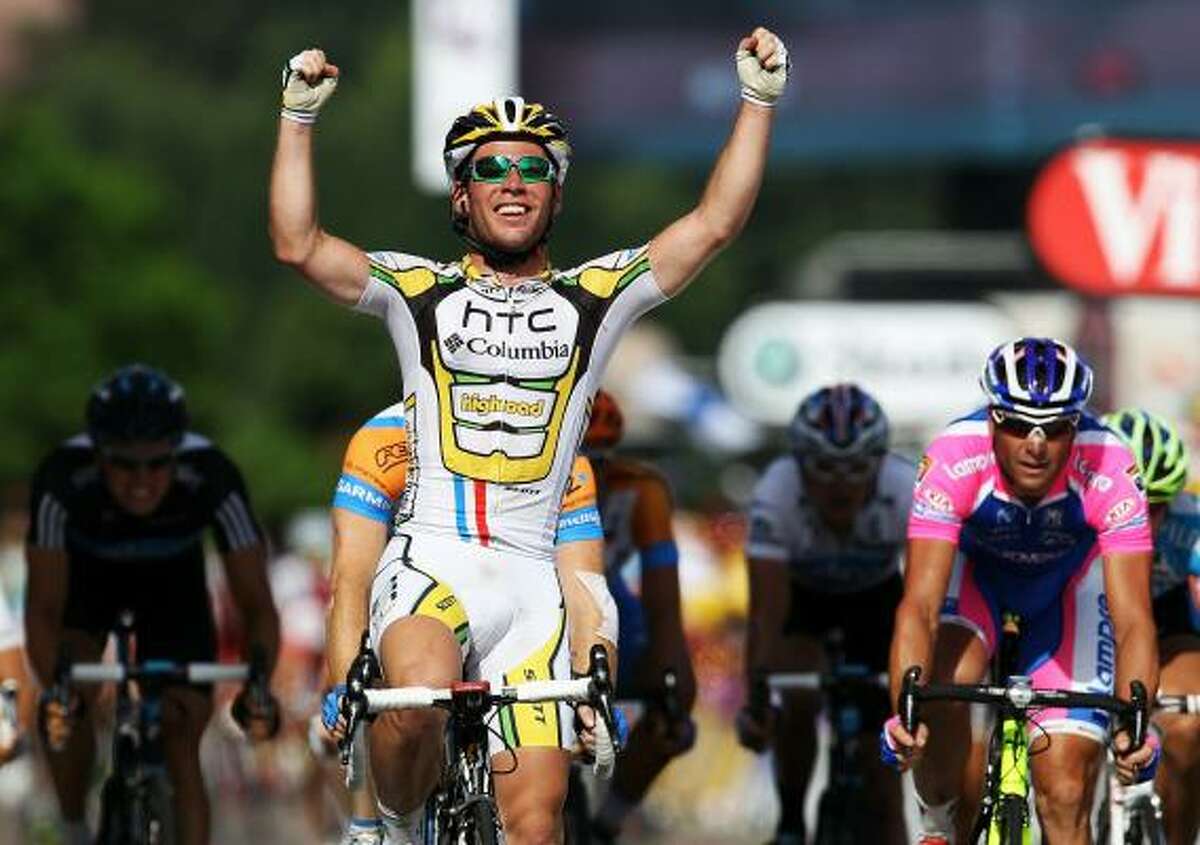 Britain's Mark Cavendish of team HTC Columbia celebrates after winning stage 6 on Friday. It was Cavendish's second straight sprint-finish victory.