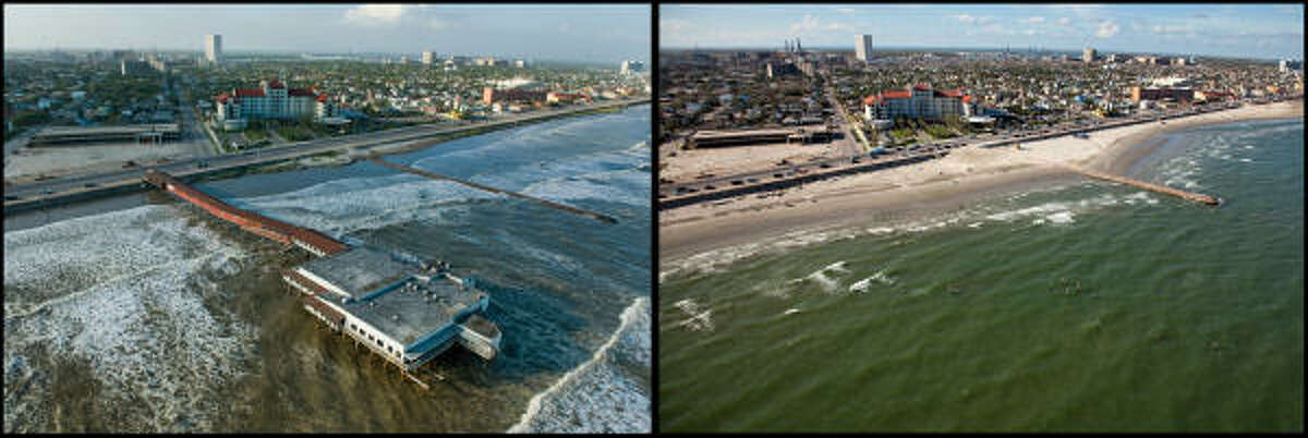 LEFT PHOTO: Rising surf laps at the Galveston Seawall as the historic Balinese Room juts 600 feet out over the water as the city prepares for the arrival Hurricane Ike, Friday, Sept. 12, 2008. RIGHT PHOTO: The legendary night club, listed on the National Register of Historic Places, was completely destroyed by the hurricane, leaving only a few piers in the surf as remaining traces across from the street from the Galvez Hotel.