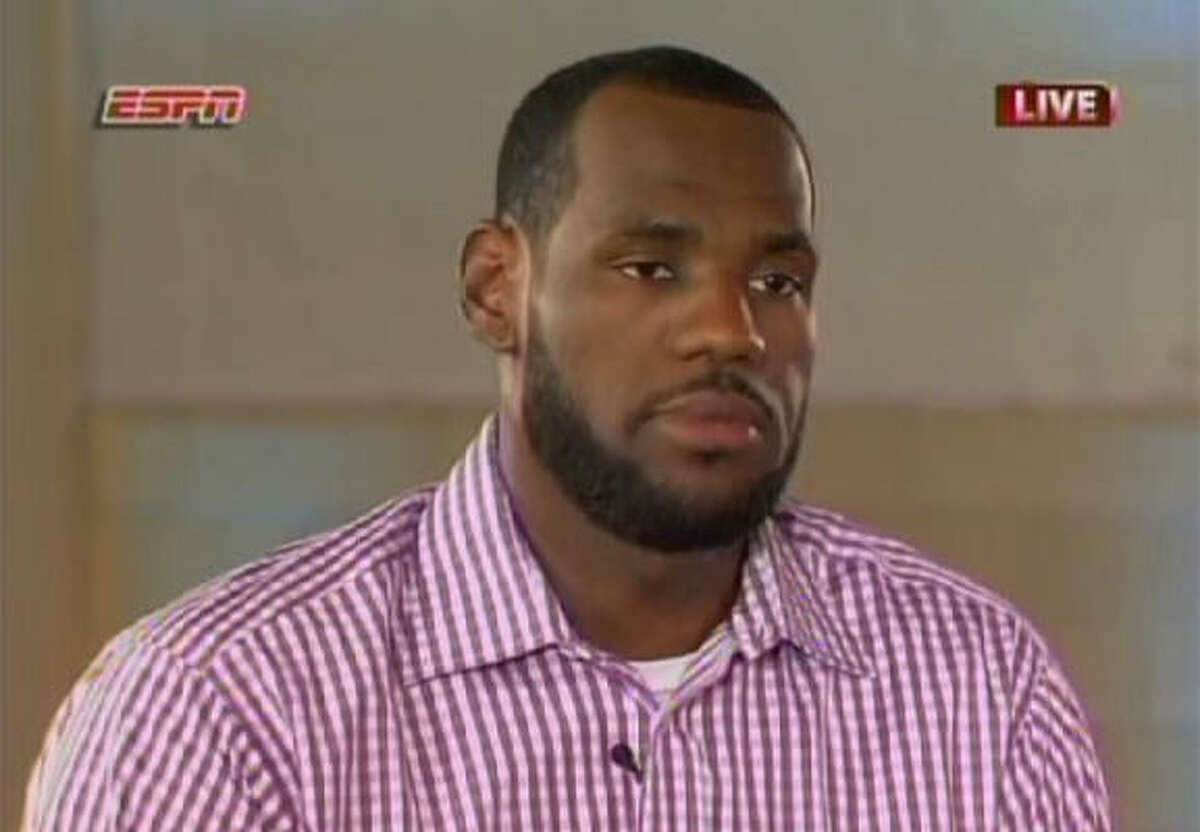 July 8, 2010 In a one-hour ESPN special called "The Decision," LeBron James announced to the world that he had decided to leave the Cleveland Cavaliers, who drafted him No. 1 overall in 2003, after seven seasons and join fellow superstars Dwyane Wade and Chris Bosh on the Miami Heat. During his tenure in Cleveland, James averaged 29.7 points, 8.6 assists and 7.3 rebounds and won two MVP trophies.