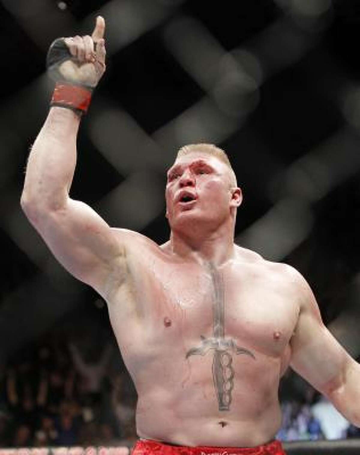 Brock Lesnar looks to the crowd after submitting Shane Carwin.