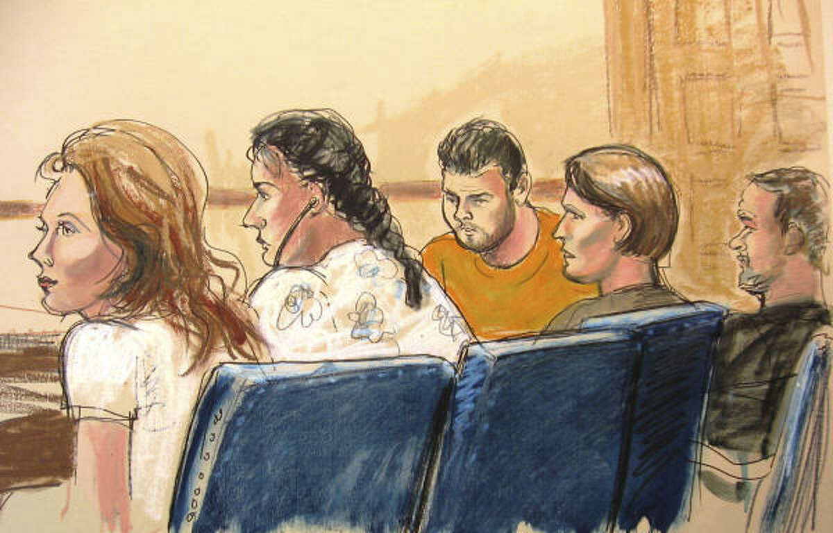 In this courtroom sketch, Anna Chapman, left, Vicky Pelaez, second from left, the defendant known as "Richard Murphy", center, the defendant known as "Cynthia Murphy", second from right, and the defendant known as "Juan Lazaro" are seen in Manhattan federal court in New York, Monday, June 28, 2010. The Murphys, Lazaro, and Pelaez are among the 10 people the FBI arrested in the United States Monday for allegedly serving for years as secret agents of Russia's intelligence organ, the SVR, with the goal of penetrating U.S. government policymaking circles.