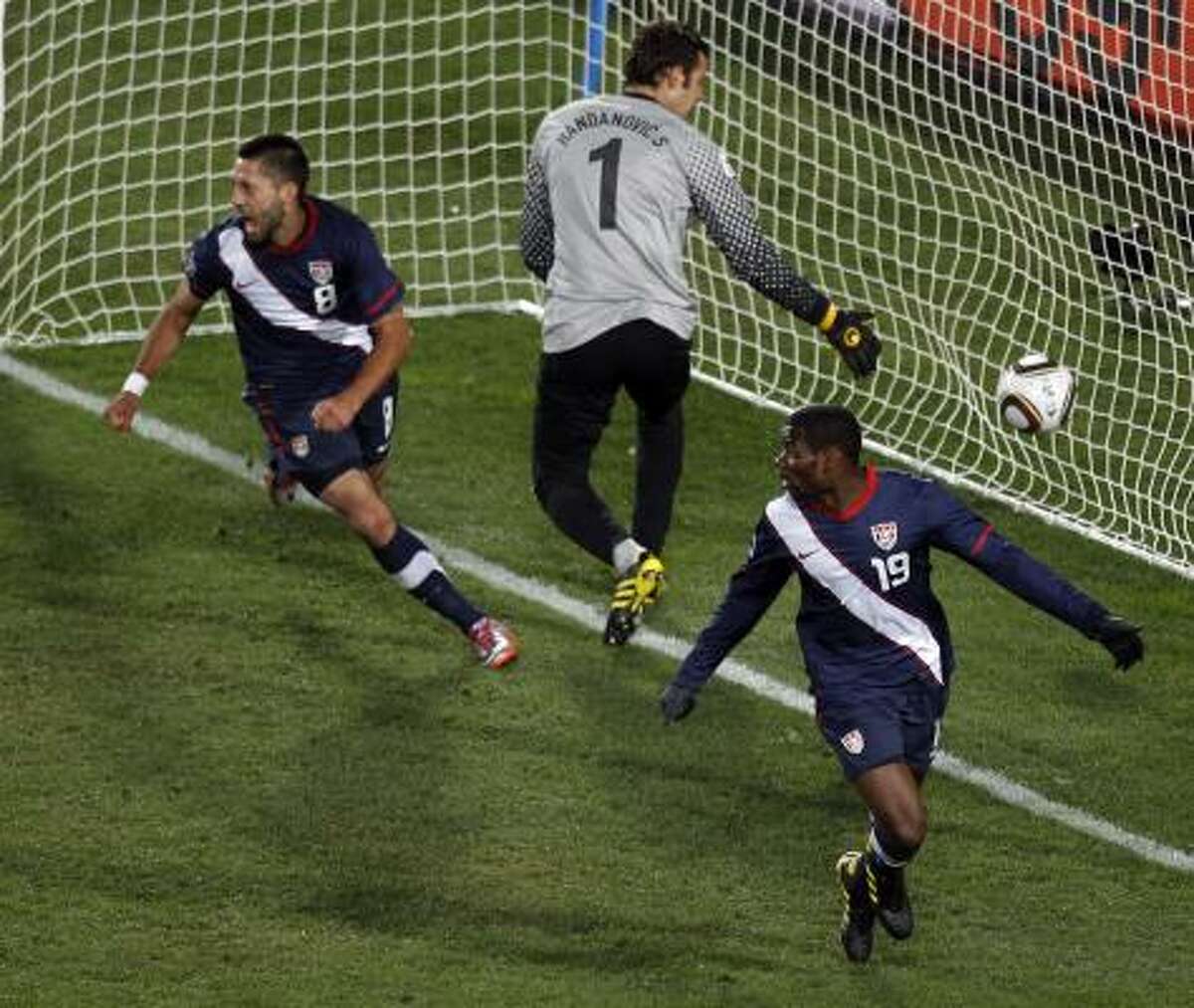 United States 2, Slovenia 2 Landon Donovan took a free kick from the side of the penalty area in the 85th minute. Maurice Edu, right, spun away and, one step into the 6-yard box, stuck out his left foot and put the ball in. But referee Koman Coulibaly had whistled play dead for a foul. He never explained who on the U.S. team did what.