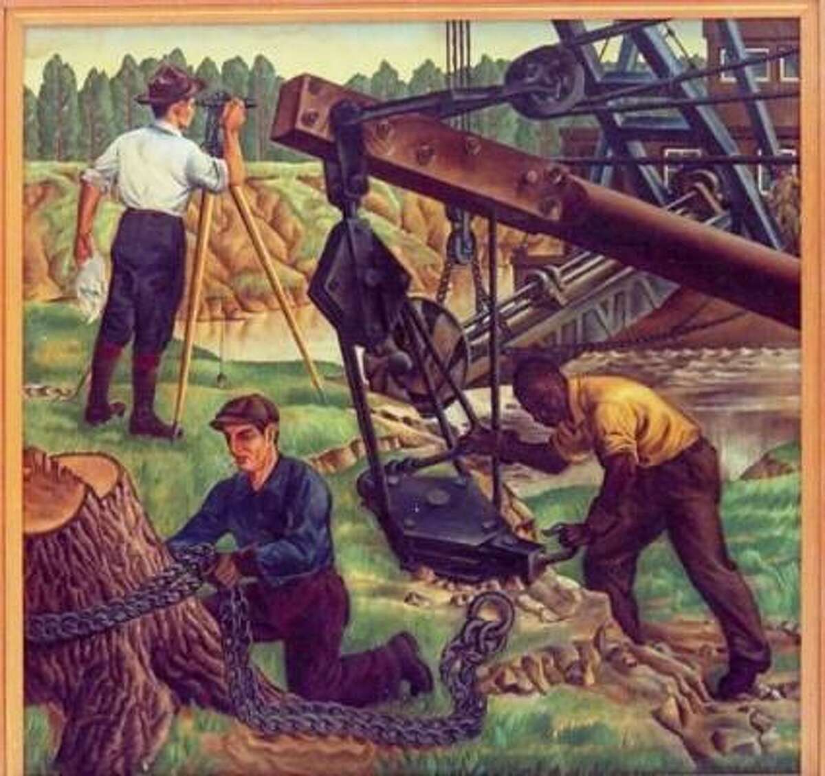 Workers survey and dredge the ship channel in this 1941 painting by Alexandre Hogue titled “Houston Ship Channel – Early History.”