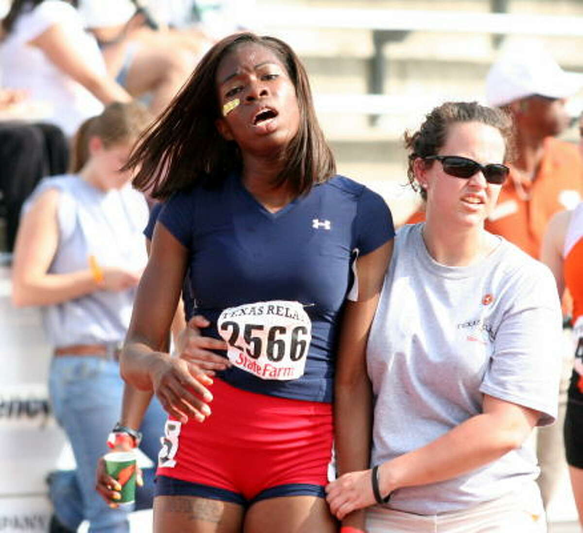 Lamar's Blessing Mayungbe catches her breath after running in the 400 meters at the Texas Relays in Austin.