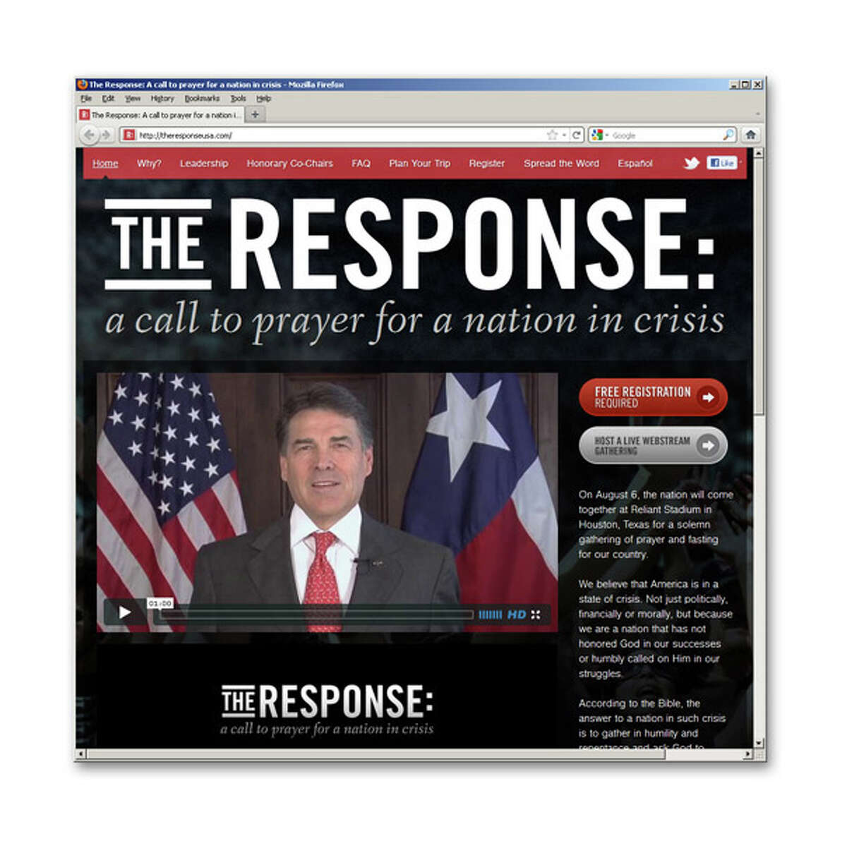Texas Gov. Rick Perry is front and center on the home page of The Response prayer gathering's website. (screenshot)