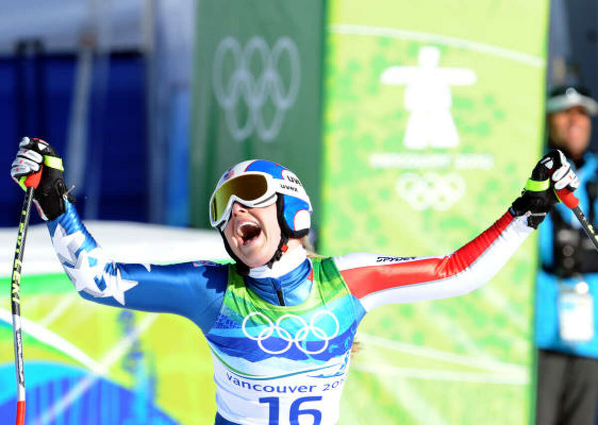 The United States' Lindsey Vonn celebrates after her women's downhill run on Feb. 17.