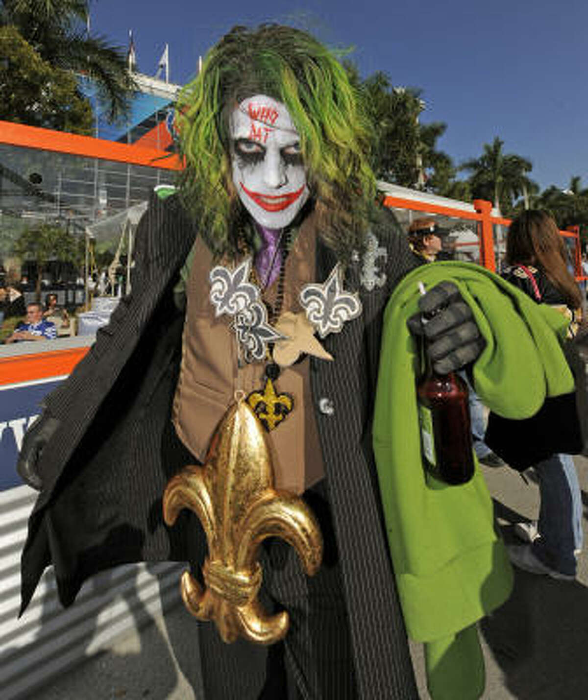 A Saints fan is dressed to thrill upon arriving at the stadium.