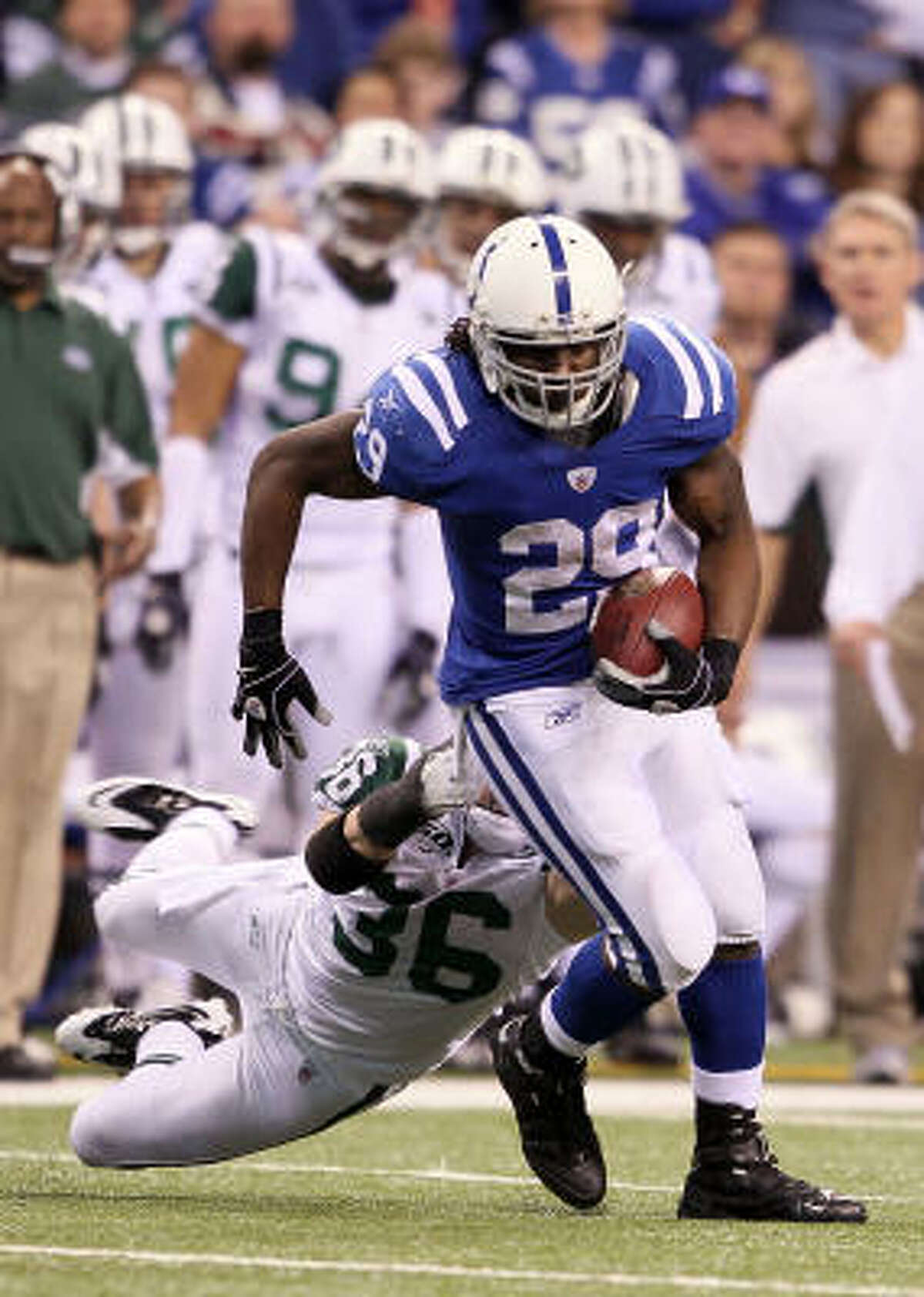 Joseph Addai Position: Running back Comment: Sharpstown product is leading rusher for Colts with 828 yards, scored 10 TDs. Also caught 51 passes and scored three times ... Averaging only 3.8 yards per rush in postseason, but against top defenses of Baltimore and New York ... Set Super Bowl reception mark for RB with 10 for 66 yards in 2007 ... First-round pick in 2006.