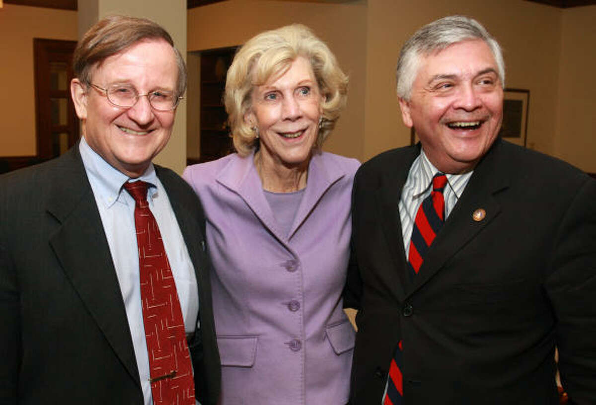 Bill Glick, dean of Rice University's Jones School of Business, left, with Judy Allen and Henry Hernandez at a reception before the screening of the natural gas shale documentary "Haynesville."