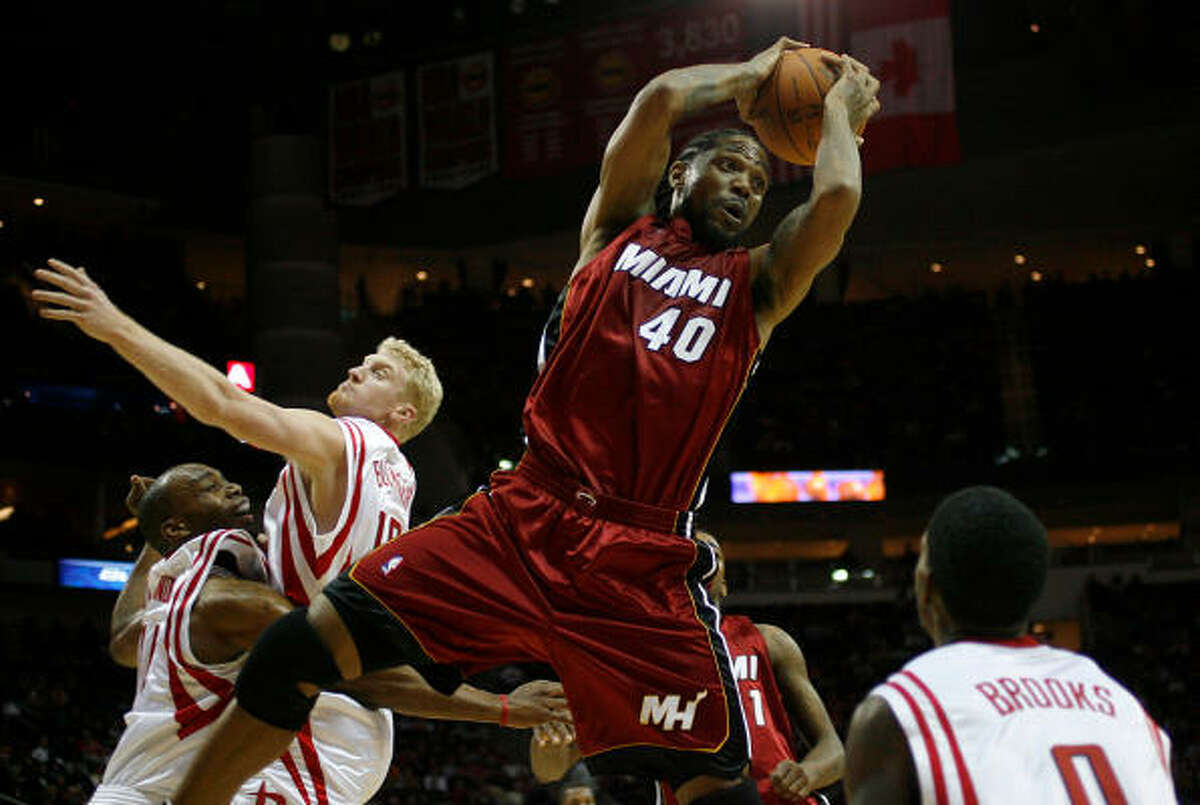 Miami's Udonis Haslem (40) pulls down one of his seven rebounds.