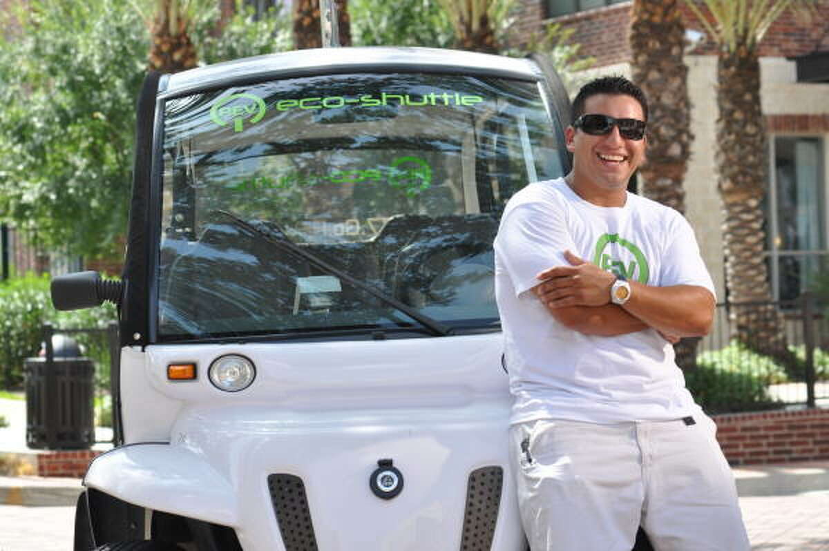 Erik Ibarra's company, Rev Houston, has three small electric cars on the streets of downtown and Midtown picking up passengers who tip instead of pay a metered fare.