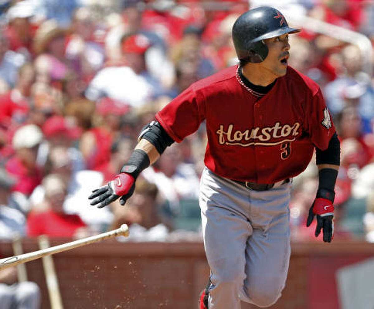 Second baseman Kaz Matsui watches his double in the fourth inning against the St. Louis Cardinals.