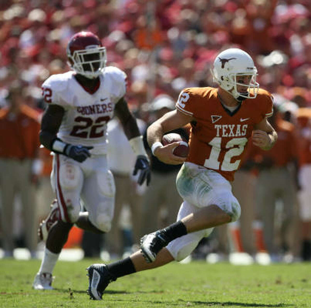 Texas quarterback Colt McCoy ran 14 times for 33 yards against Oklahoma.