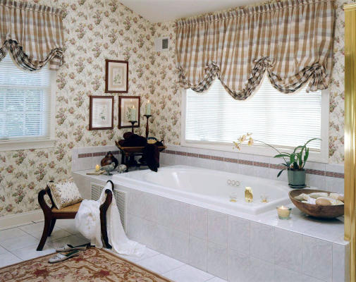 Keep bathroom private with opaque window glass, mini-blinds