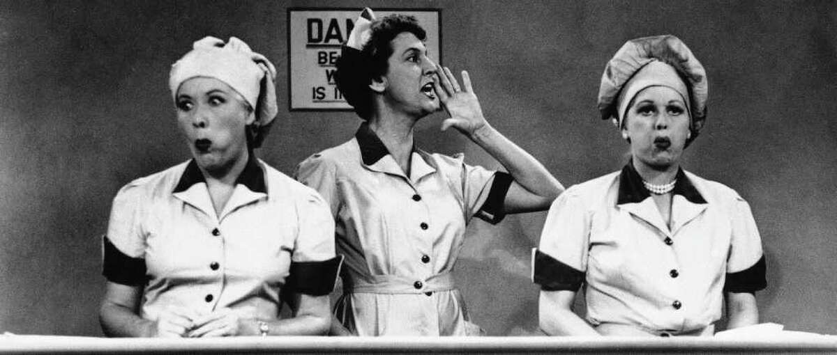The "I Love Lucy" show first aired on Oct. 15, 1951. Today, Lucille Ball's legacy remains remarkable — and her talent remarkably fresh and watchable. In this undated TV image originally released by CBS, Vivian Vance, left, and Lucille Ball, right, are shown in a scene from the series, "I Love Lucy."(AP Photo/CBS, file)