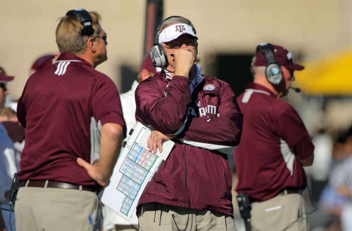 Coach Mike Sherman, center, and the Aggies will have to regroup after collapsing Saturday against Colorado.