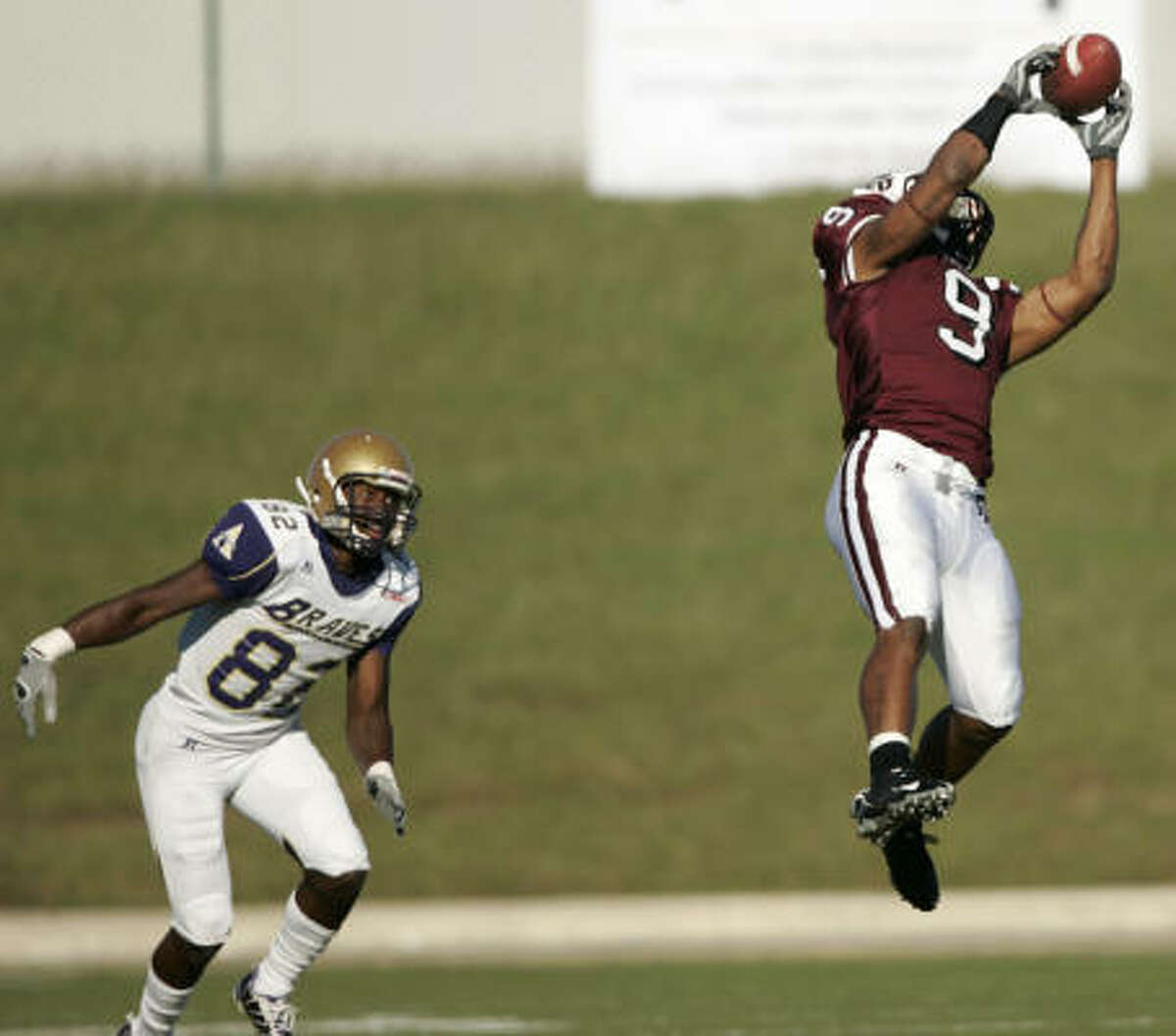 Texas Southern's Curtis Thomas intercepts a pass intended for Alcorn State's Edward Johnson in the third quarter of Saturday afternoon's game at Delmar Stadium.