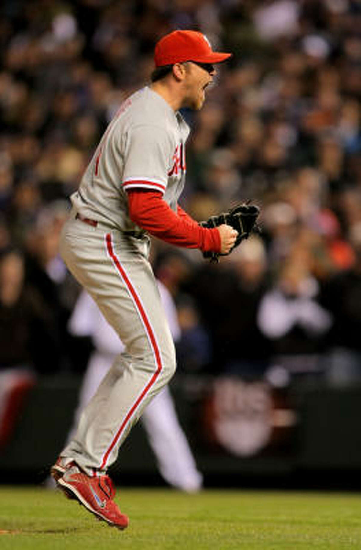 Game 4: Phillies 5, Rockies 4 Brad Lidge celebrates his second straight save and the Phillies' 3-1 series win over the Rockies.