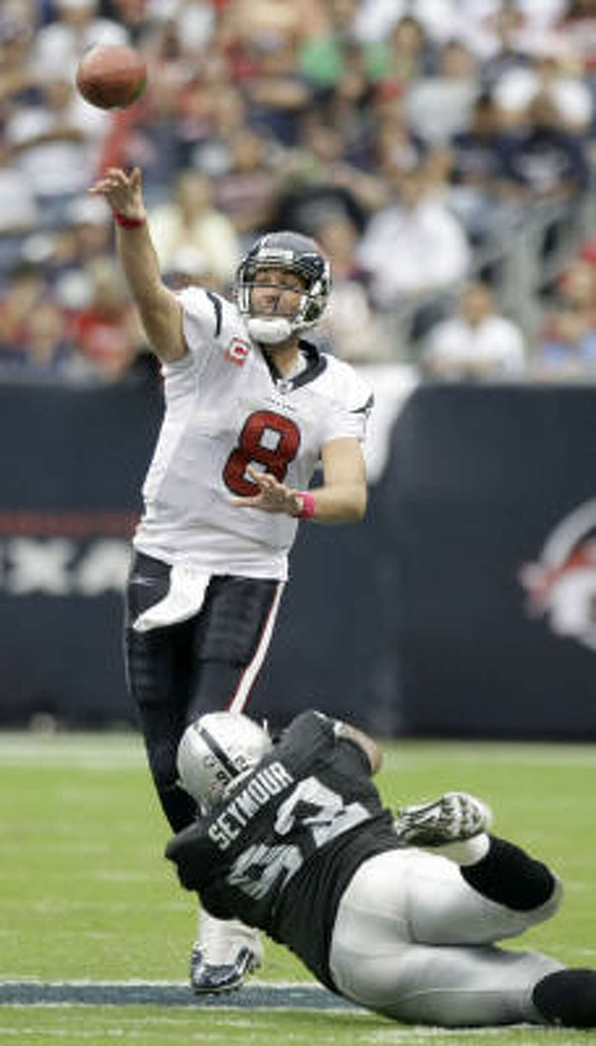 FALLING: Quarterback Matt Schaub After throwing for 204 yards in the first half, Schaub had only 20 in the second half against the Raiders. His problems seemed to start when he threw an interception in the end zone before the end of the first half.