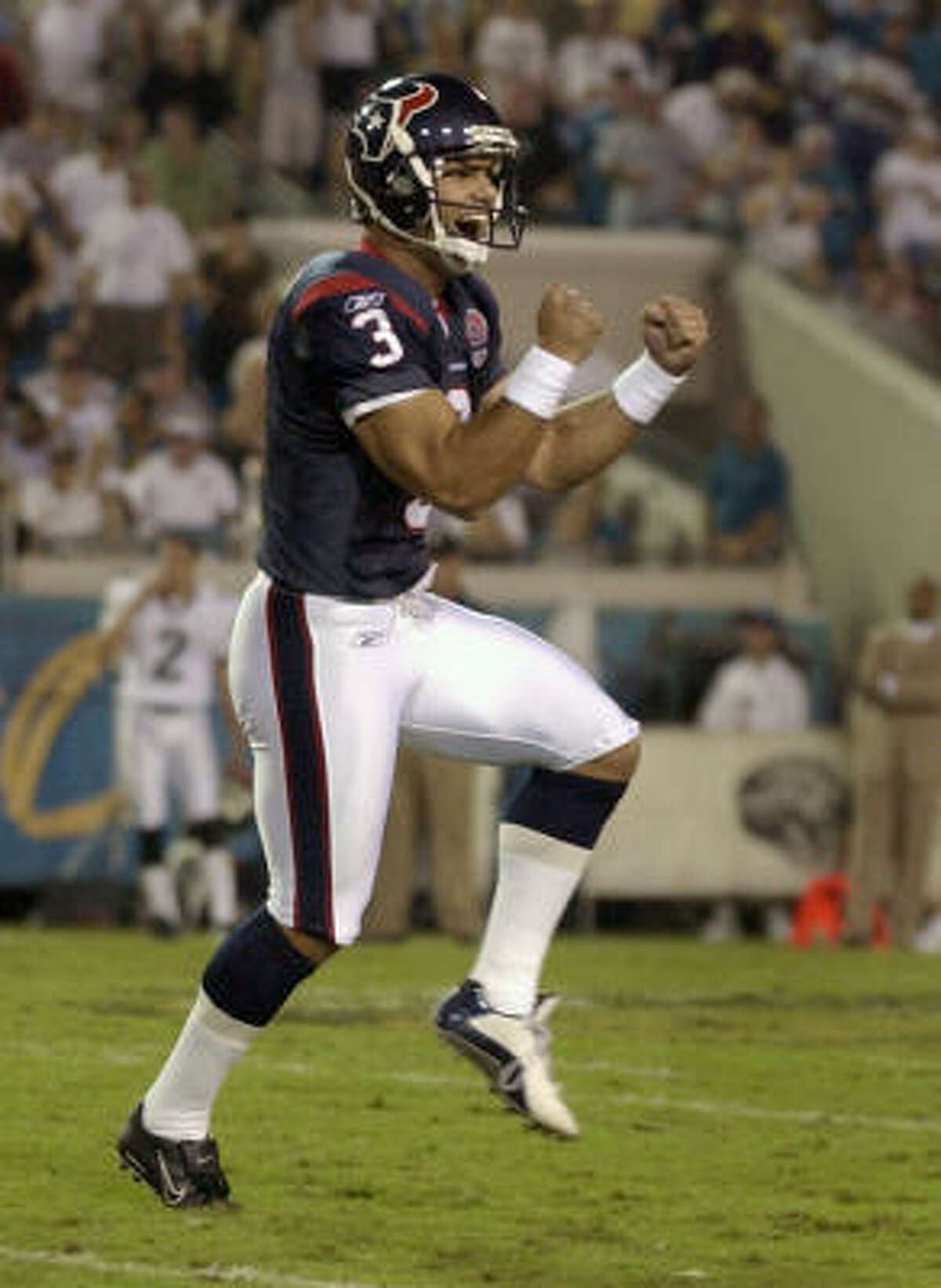 Oct. 27, 2002: Texans 21, Jaguars 19 A 45-yard field goal by Kris Brown late in the fourth quarter provided the winning margin for the franchise’s first road victory. It was particularly sweet for the cadre of ex-Jaguars such as Seth Payne, Gary Walker and Tony Boselli and coach Dom Capers, a former Jacksonville defensive coordinator.