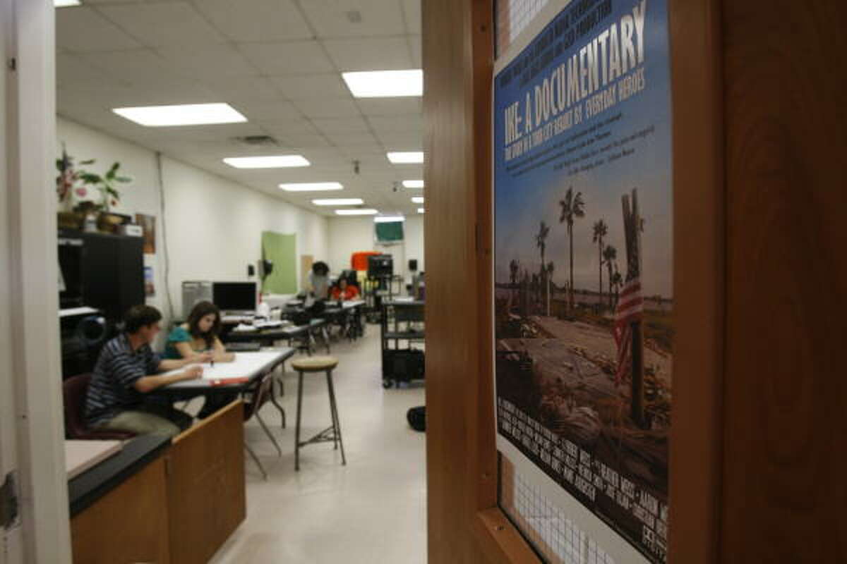 Hurricane Ike documentary: A poster is seen on the door of the advance media technology class at Ball High School, where students are putting together a Hurricane Ike documentary.