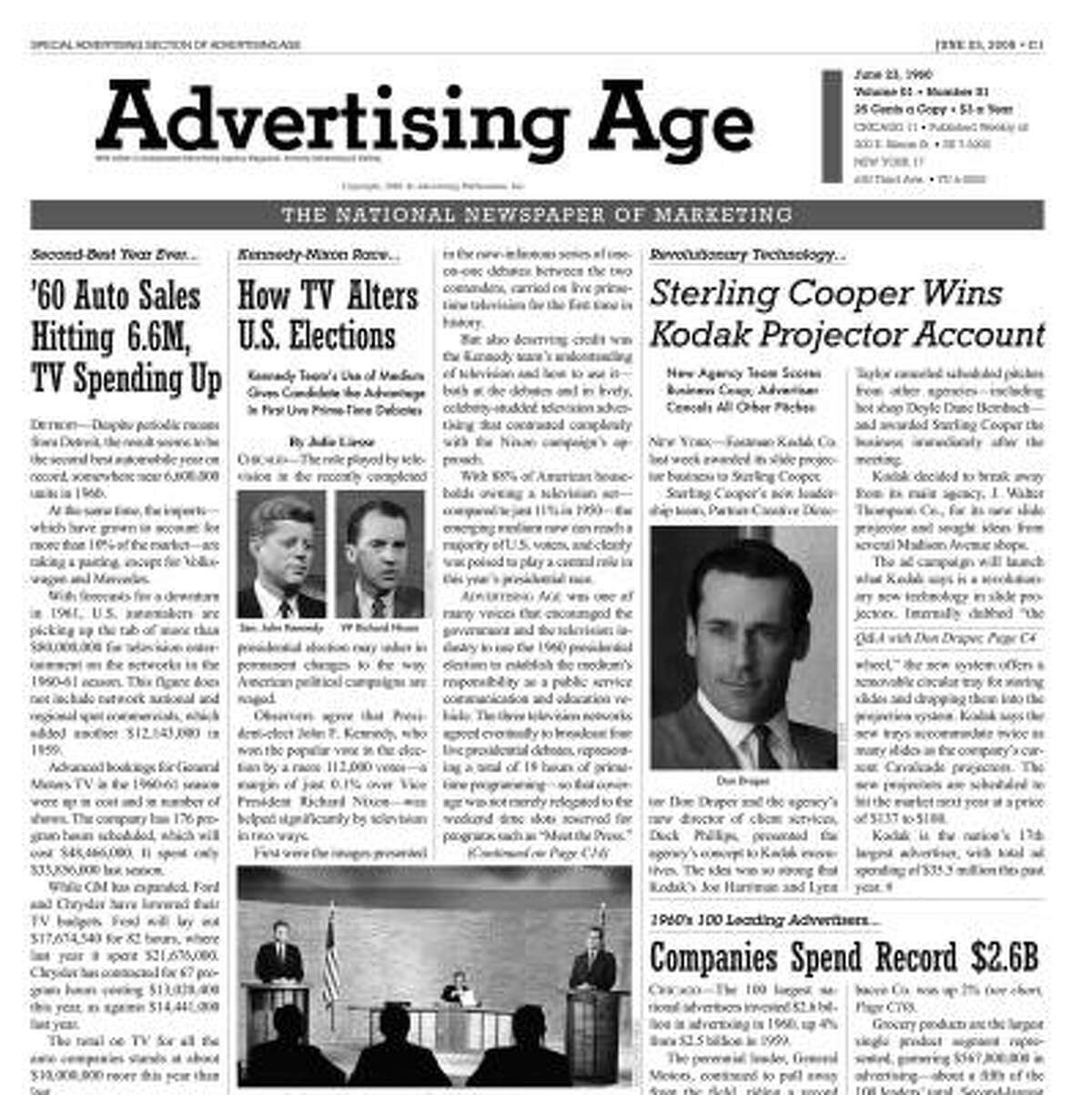 Mad Men, a television series about an advertising agency in the 1960s, is inspiring commercials, designer fashions, merchandise such as cigarette lighters and calendars, and a mock issue of the trade publication Advertising Age.