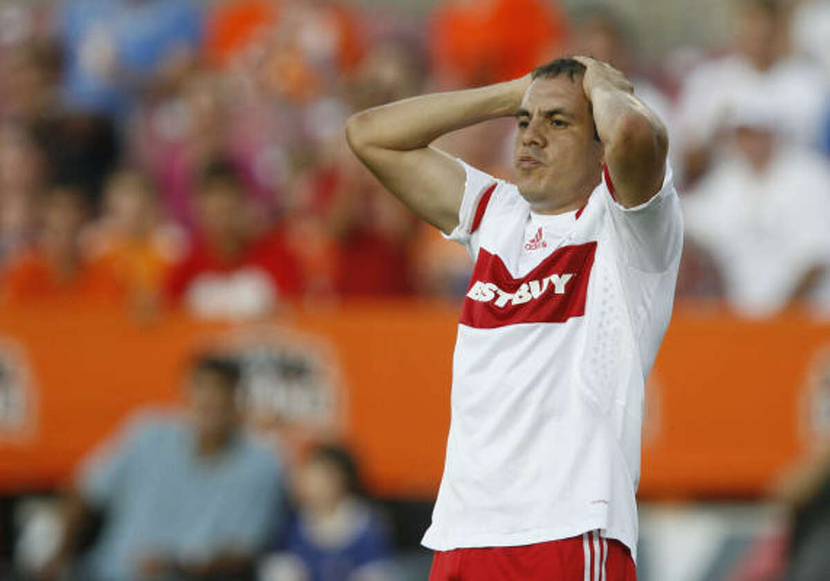 Chicago Fire midfielder Cuauhtemoc Blanco gestures after being called offsides on a close play during the first half.